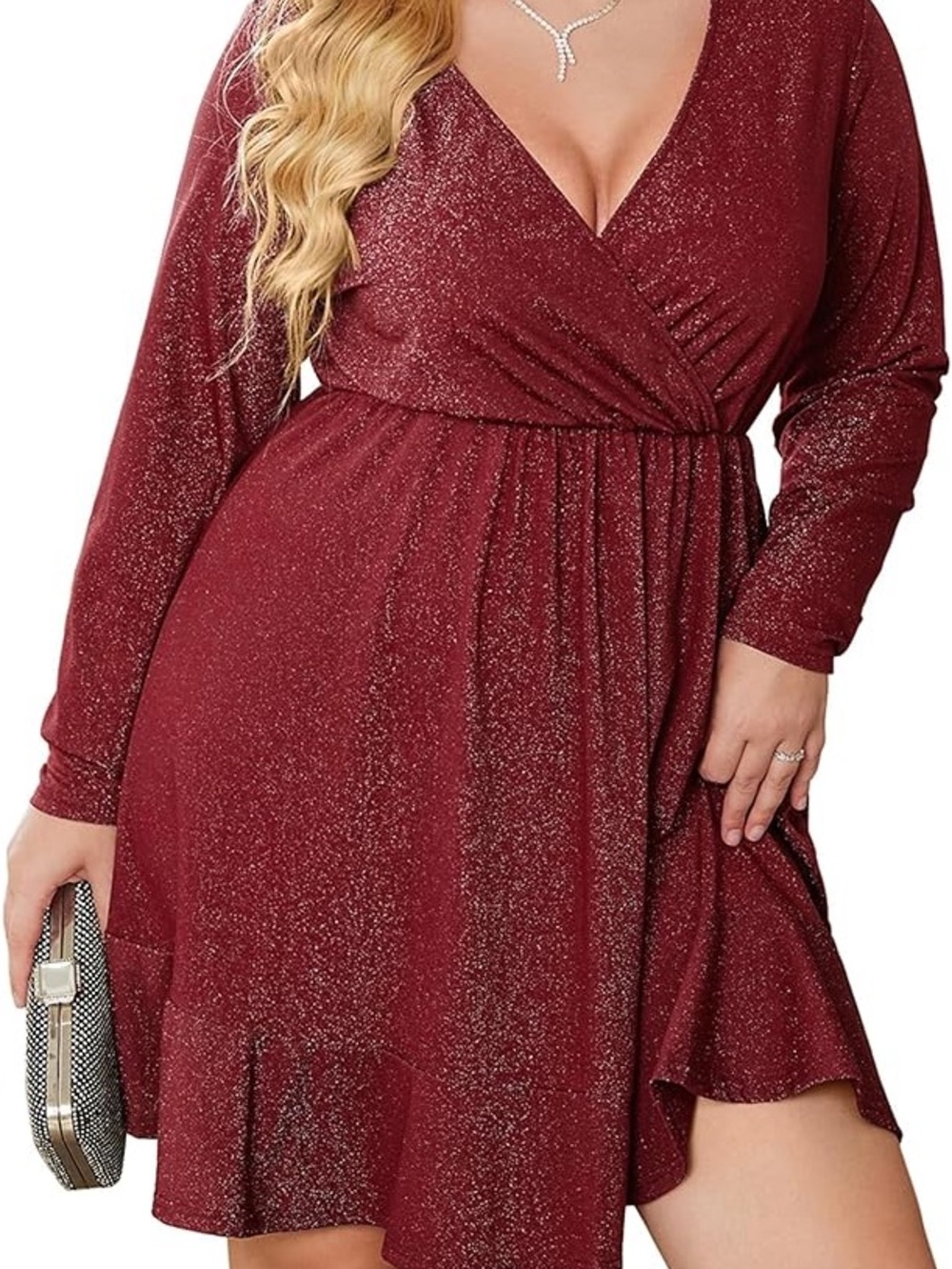 Amazon Purple Sparkle V-Neck Long Sleeve Dress
